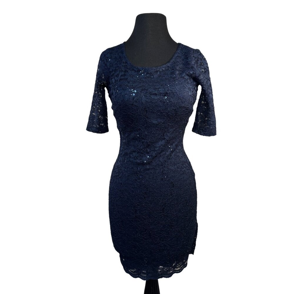 Navy Blue My Michelle Size 1 Lace Sequin Dress With Half Sleeves & Side Zipper